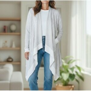 Eileen Fisher Linen Cotton Striped Waterfall Cardigan Sweater Coastal Resort 2X